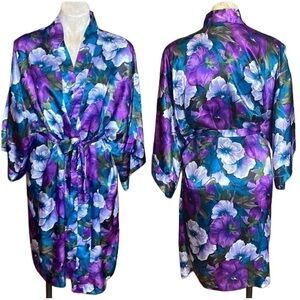 VTG 90s KIMONO Belted Floral Silky Satiny Robe jewel tones purple teal midi Sz L